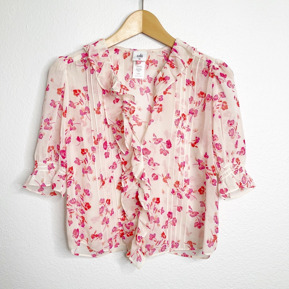 Cabi 6715 Pink Floral Ruffle Front Pintuck Chiffon Blouse XS Short Sleeve Top